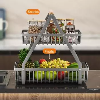 Стеллаж для хранения овощей Yousheng, двухъярусная корзина для фруктов с деревянной ручкой, большая вместимость, прочный несущий металлический держатель для фруктов, овощная корзина S белый