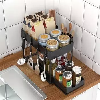 Стеллаж для хранения под раковиной на кухне с крючками, двухслойный L-образный выдвижной органайзер большой емкости для ванной комнаты