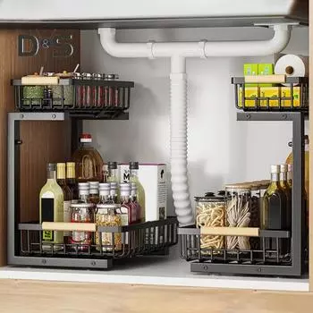 Стеллаж для хранения под шкафом с двумя выдвижными лотками, регулируемая высота, металлический выдвижной органайзер для ванной комнаты и кухни с ручкой белый