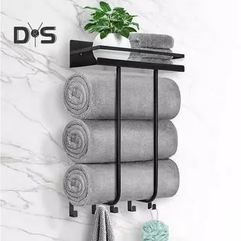 Стеллаж для хранения полотенец настенный держатель с полкой прочная конструкция простая установка вешалка для хранения полотенец в ванной чёрный
