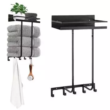 Стеллаж для хранения полотенец настенный держатель с полкой прочная конструкция простая установка вешалка для хранения полотенец в ванной чёрный