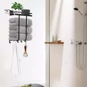 Стеллаж для хранения полотенец настенный держатель с полкой прочная конструкция простая установка вешалка для хранения полотенец в ванной чёрный