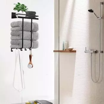 Стеллаж для хранения полотенец Yousheng, настенный держатель для полотенец с полкой, прочная конструкция, простая установка, вешалка для хранения полотенец в ванной чёрный