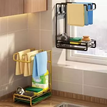 Стеллаж для хранения раковины Держатель для полотенец Быстрый дренаж Настенный кухонный сливной стеллаж из нержавеющей стали без перфорации Раковина Губка Блюдо Тряпка Организационная полка серый