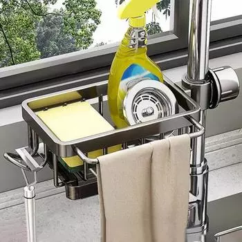 Стеллаж для хранения смесителя для кухонной раковины, компактный крючок, держатель для губки для посуды с поддоном для сбора капель Left