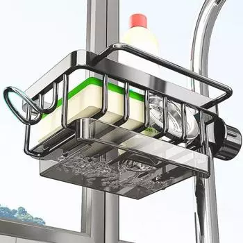 Стеллаж для хранения смесителя для кухонной раковины, компактный крючок, держатель для губки для посуды с капельницей Left