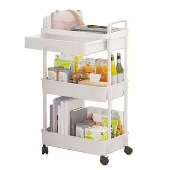 Стеллаж для хранения тележек на колесиках с поворотными колесами на 360 градусов. Конструкция многоярусных полок. Простая сборка. Многофункциональная тележка для хранения. Triple Layer белый