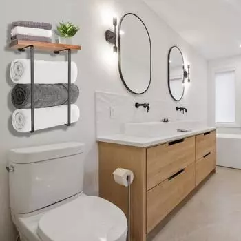 Стеллаж для хранения в ванной комнате, душевая кабина, L-образный дизайн, высокая грузоподъемность, водонепроницаемый металлический держатель для полотенец с деревянной полкой