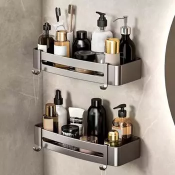 Стеллаж для хранения в ванной комнате Настенный без перфорации Отличная липкость Противоскользящий Отличная несущая способность Нержавеющий водонепроницаемый с крючком Органайзер для душа A