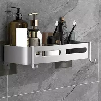 Стеллаж для хранения в ванной комнате Настенный Без перфорации Отличная липкость Противоскользящий Отличная несущая способность Нержавеющий Водонепроницаемый с крючком Органайзер для душа Душ A