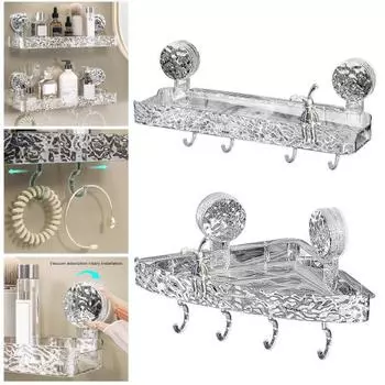 Стеллаж для хранения в ванной комнате с крючками Прозрачный настенный самоклеящийся без перфорации Большая несущая способность Противоскользящая косметическая раковина для зубной пасты Oaganizer Square чистый