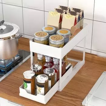 Стеллаж для хранения вещей, двухъярусный, выдвижной, большой емкости, с 4 крючками, выдвижной ящик, органайзер для шкафа, корзина, кухонные принадлежности серый