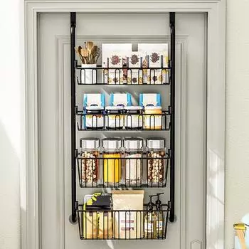 Стеллаж для хранения вещей Прочная конструкция Большая вместимость Простота установки Многофункциональный металлический органайзер над дверью Регулируемая подвесная корзина чёрный