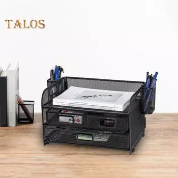 Стеллаж для папок с файлами, сетчатый настольный органайзер с 3 ящиками, держатели для ручек, каркас из углеродистой стали, держатель для канцелярских товаров чёрный