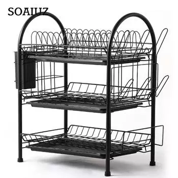 Стеллаж для сушки посуды 3-х уровневая стальная полка для посуды со съемной сливной доской Стеллаж для хранения сушилки для посуды Black 3 Tier with Cup Rack