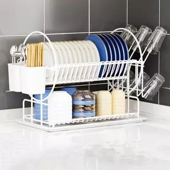 Стеллаж для сушки посуды из нержавеющей стали, двухъярусная кухонная стойка для хранения с антикоррозийным покрытием, большой держатель для посуды, система слива, хранение тарелок и чашек белый