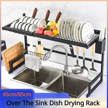 Стеллаж для сушки посуды над раковиной, 65 см/85 см, подставка для сушки посуды с держателем губки для посуды для организации кухонной стойки 65CM чёрный