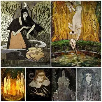 Стена ведьмы с супом в лесу под луной. Художественный декор с плакатом с жуткими темными природными элементами колдовства. 21cm30cm NoFrame