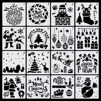 Stencil Sheet Christmas Set of 16 Christmas Stencil Santa Snowman Reindeer Christmas Tree Stencil Template Notebook Drawing Template Scrapbooking