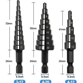 Step Drill Bit Set Nitrogen Coated Groove Step Drill 3-12mm 4-12mm 4-20mm Wood Metal Hole Cutter HSS Steel Core Drill Carpentry
