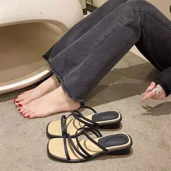 Step on shit feeling high heel one-word slippers women s shoes wear new summer thick heel temperament French sandals fairy sandals 35 чёрный