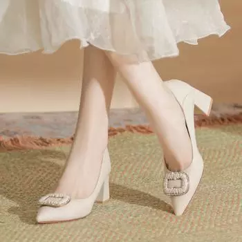 Step on the heel and wear pointed thick heels, elegant high heels, daily versatile and comfortable women s shoes 34