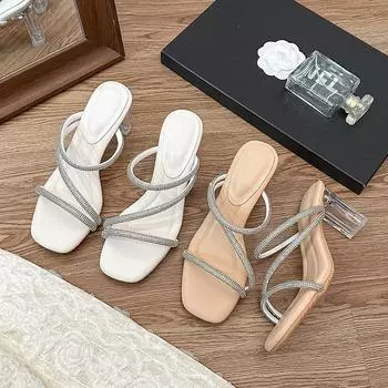 Stepping on shit feels cool slippers women summer wear thick heel rhinestones word with high heel sandals women black high heels women summer 34