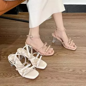 Stepping on shit feels cool slippers women summer wear thick heel rhinestones word with high heel sandals women black high heels women summer 34