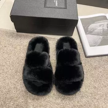 Stepping on shit fluffy slippers women s outer wear 2024 autumn and winter new plush thick bottom plush office home cotton mop 35 чёрный