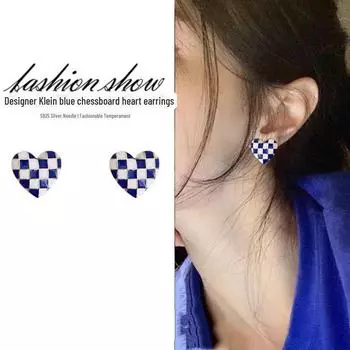 Sterling Silver Blue and White Heart Chessboard Earrings for Women - Trendy, Versatile Fashion Accessory. heart earrings