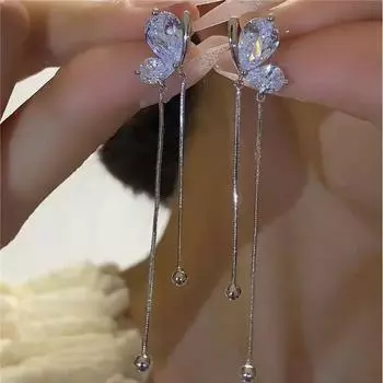 Sterling Silver Needle Beautiful Butterfly Fairy Earrings Elegant All-Matching Tassel Long Accessible Luxury French Romantic Earring Ornament 122#(silver) Butterfly Tassel Earrings