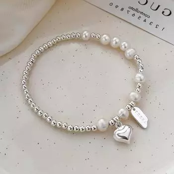 Sterling Silver Pearl Bead Heart Pendant Charm Bracelets for Women Minimalist Cute Fine Jewelry Accessories BT234S
