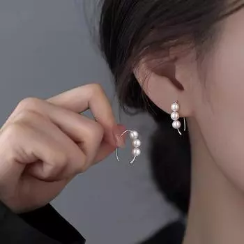 Sterling Silver Pearl Earrings Hot-Sale Earrings Fancy Earrings Niche Style Female Accessible Luxury Internet Celebrity Temperament Wild Minimalist A pair of three pearl earrings