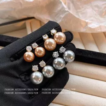 Sterling Silver Princess Diana Pearl & Zircon Earrings for Women (2024 Trend) 10mm шампанского