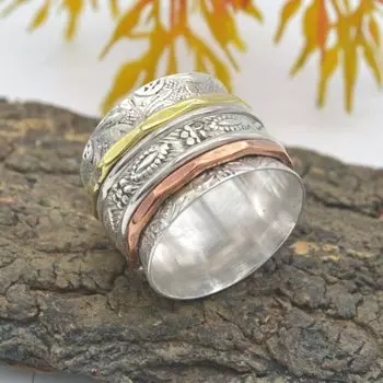 Стерлинговое серебро 925 пробы Трехцветное кольцо ручной работы из латуни и меди для медитации Spinner Worry Ring 5