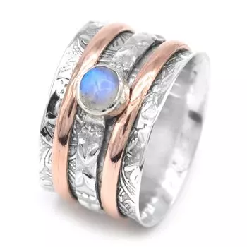 Стерлинговое Серебро Медное Кольцо Круглый Кабошон Спиннер Камень Кольцо Натуральный Лунный Камень Драгоценный Камень 6,5 Гм 5