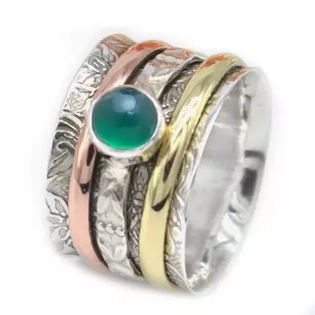 Стерлинговое Серебро Медное Латунное Кольцо Круглый Кабошон Спиннер Камень Кольцо Натуральный Зеленый Оникс Драгоценный Камень 6,5 Гм 5