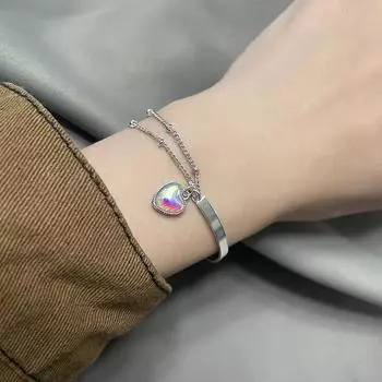 Стерлинговое серебро S925 Серебряный браслет Sweet Girl Aurora Love Двухслойный браслет Дизайн сращивания Градиентный лунный камень Браслет в форме сердца