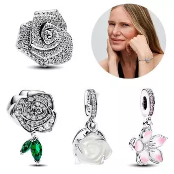 Стерлинговое серебро S925, сверкающая роза в цвету, большой шарм, подходящий серебряный браслет S925, оригинальный браслет для изготовления ювелирных изделий