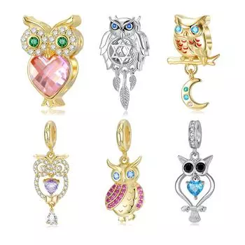 Стерлингового Серебра 925 Цветной Циркон Подвеска Сова Серебро Оригинальный Подвеска для Бренда DIY Ювелирные Изделия Браслет Сделать Женщин Девушка Подарок Мода