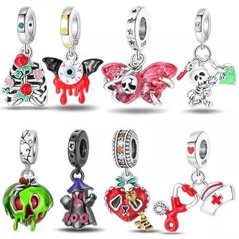Стерлингового Серебра 925 Хэллоуин Болтаться Скелет Ведьмы Глаз Дьявола Череп Подвески Из Бисера Подходит Оригинальный Модный Браслет Ожерелье Ювелирные Изделия белый
