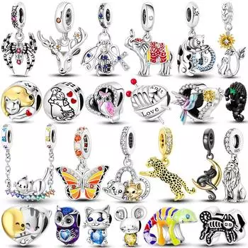 Стерлингового Серебра 925 Красочные Подвески Бусины Лось Слон Скарабей Крест Домашние Кошки Собаки Висячие Подходят Оригинальный Новый Браслет Ювелирные Изделия