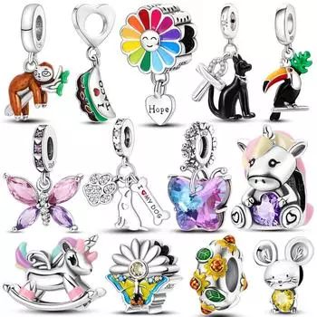 Стерлингового Серебра 925 Красочные Прекрасные Домашние Животные Кошка Мотаться Подсолнух Бабочка Ленивец Подвески Бусины FitNew Браслет Ожерелье Ювелирные Изделия