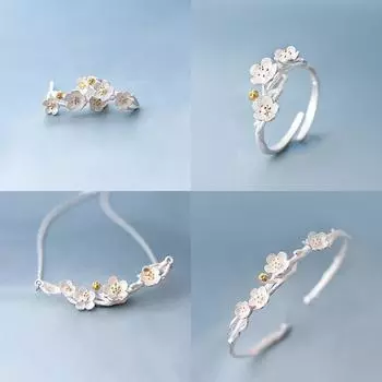 Стерлингового Серебра 925 Мода Сакура Цветок Сливы Цветок Ювелирный Комплект Ожерелье Серьги Кольцо Браслет Для Женщин Подарок