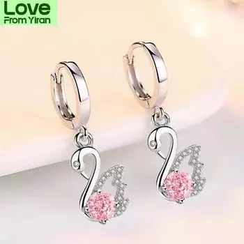 Стерлингового Серебра 925 Новые Женские Модные Ювелирные Серьги Розовый Синий Белый Кристалл Циркон Длинные Кисточки Ретро Серьги Лебедь