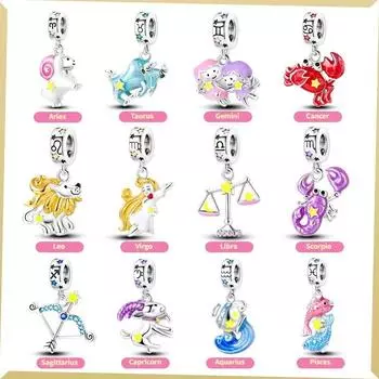 Стерлингового серебра 925 пробы 12 Созвездие Овен Козерог подвеска из бисера подходит для браслета DIY Изготовление ювелирных изделий подарок белый