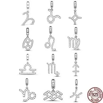 Стерлингового серебра 925 пробы, 12 созвездий, подвеска, висячая подвеска из бисера для женщин, подходит для оригинального модного браслета, ожерелья, ювелирные изделия «сделай сам»