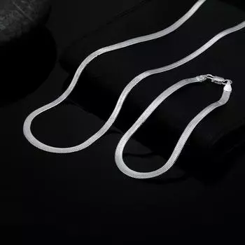 Стерлингового серебра 925 пробы, 4 мм, плоские браслеты-цепочки, шейный комплект для женщин, модные вечерние, свадебные, благородные комплекты ювелирных изделий, подарки 60cm and 20cm