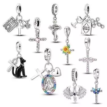 Стерлингового серебра 925 пробы амулет-крестик подвески из бисера подходят для оригинального нового браслета-подвески ювелирных изделий DIY Изготовление белый