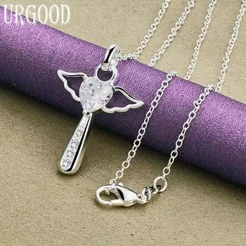 Стерлингового Серебра 925 пробы Ангельское Сердце Крыло Белый Циркон Ожерелье Свадебные Модные Ювелирные Изделия 45cm